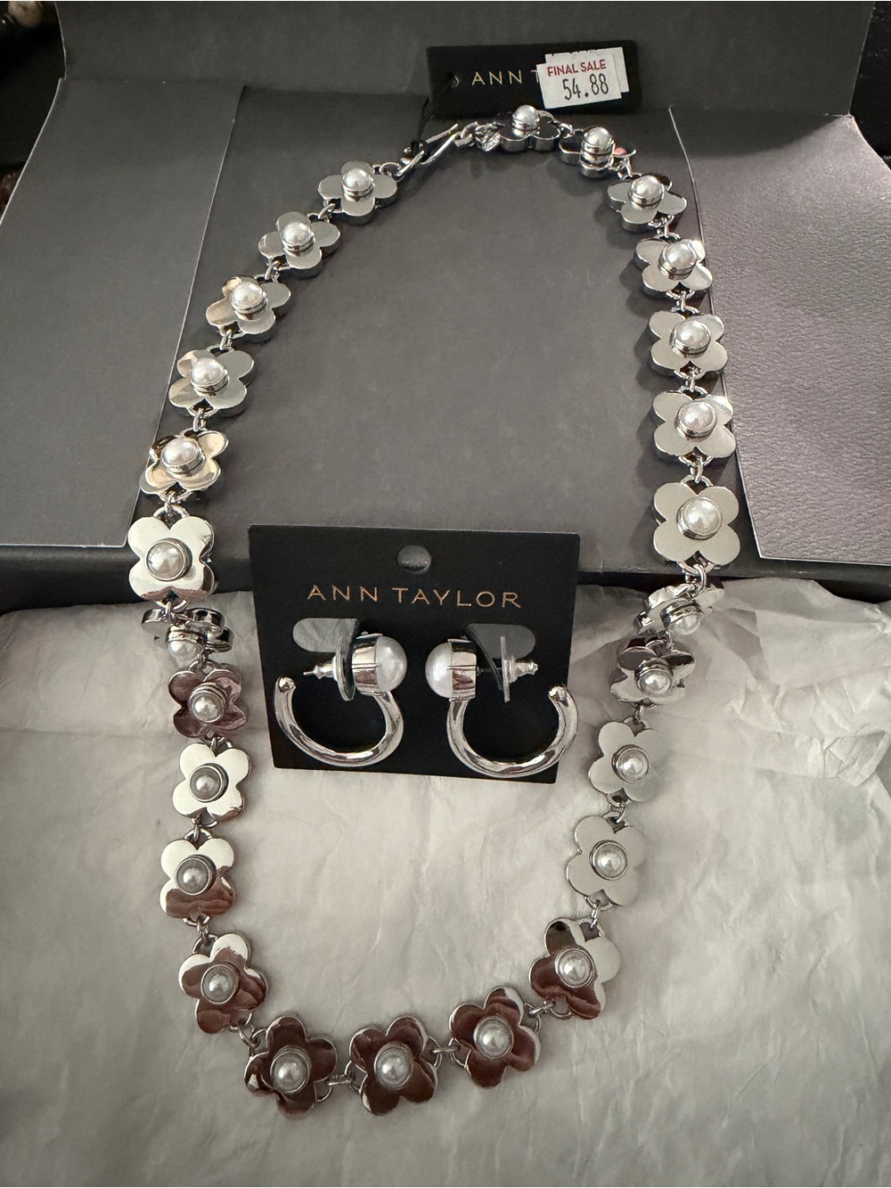 Ann Taylor Silver Floral Necklace and Hoop Earring Set - Picture 4 of 4